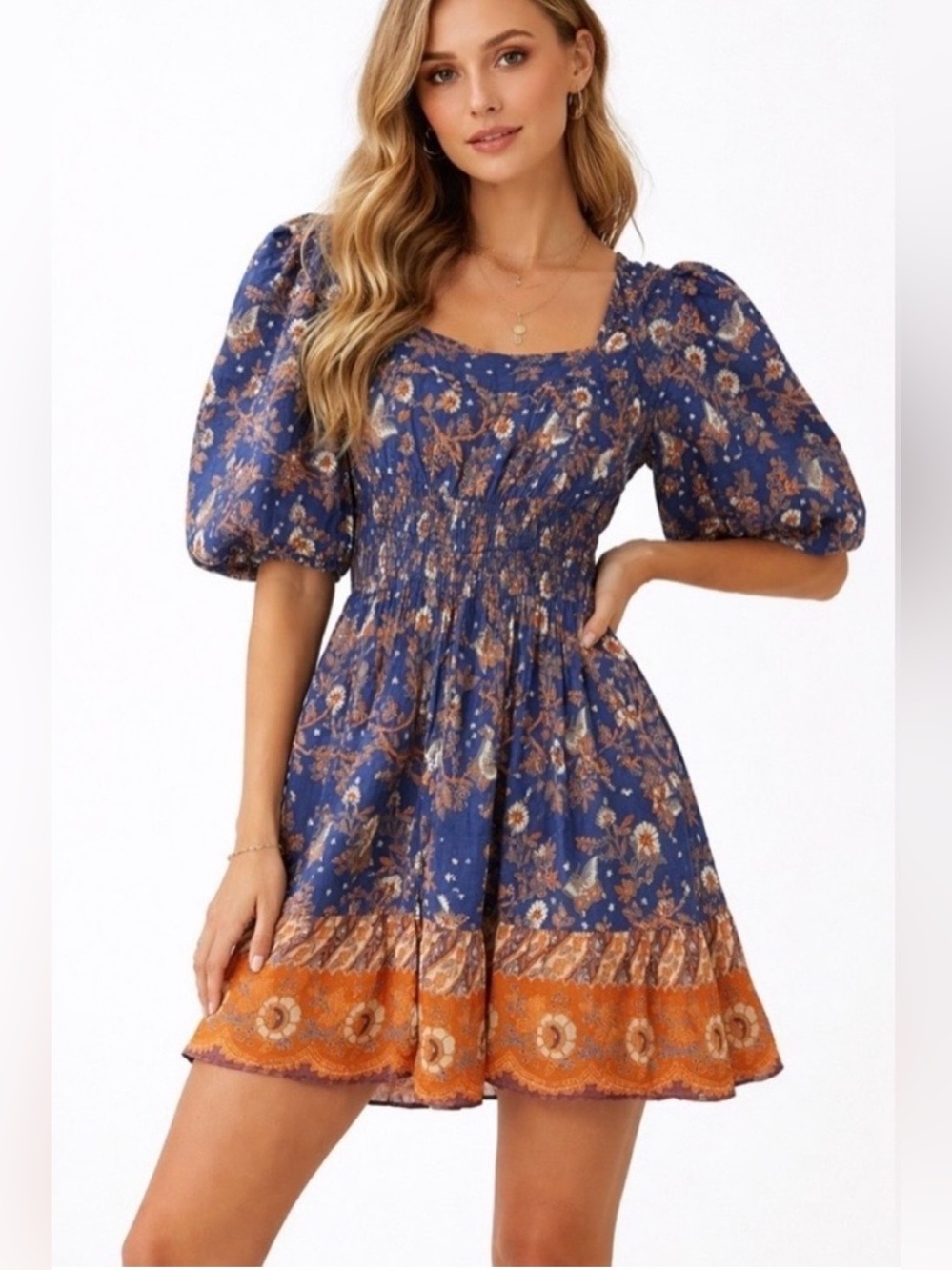 House of Harlow 1960 Blue Floral Mini Dress with Orange Ruffle BNWT